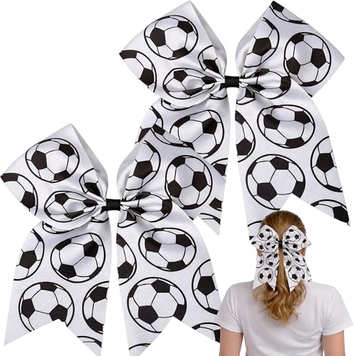 JazSwirl Soccer Hair Bow with Ponytail Holder, Black and White Grosgrain Ribbon