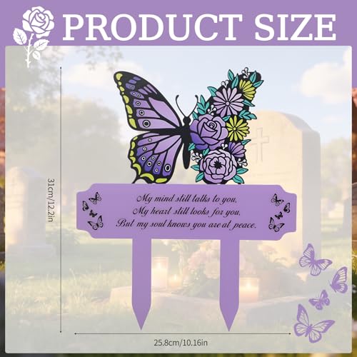 Purple Butterfly Memorial Grave Marker for Mom Dad, Metal Cemetery Plaque