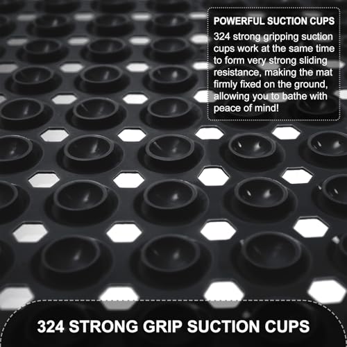 TEESHLY Black Bath Mat with Suction Cups & Drain Holes, 35x16 Inch Non-Slip Shower Rug