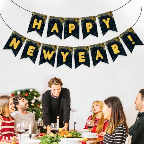 Black and Gold Happy New Year Banner 13-Piece Party Decoration Garland