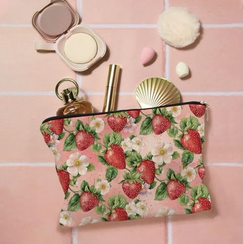 BARPERY Floral Strawberry Makeup Bag - Cute Linen Travel Cosmetic Pouch