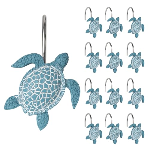 Sunlit Ocean Teal Sea Turtle Shower Curtain Hooks 12 Pack - Nautical Bathroom Decor