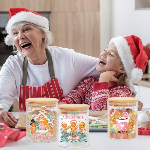 Christmas Glass Storage Jars with Airtight Lids - Pink & Green Gingerbread Canisters Set