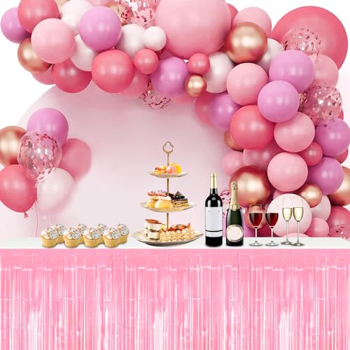 Macaron Pink Foil Fringe Table Skirt - 29x108 Inches Party Decoration Set of 3