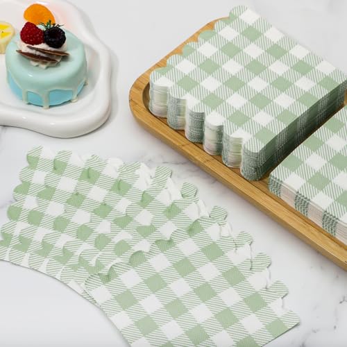 120 Pcs Sage Green Gingham Cocktail Napkins - Scalloped Design