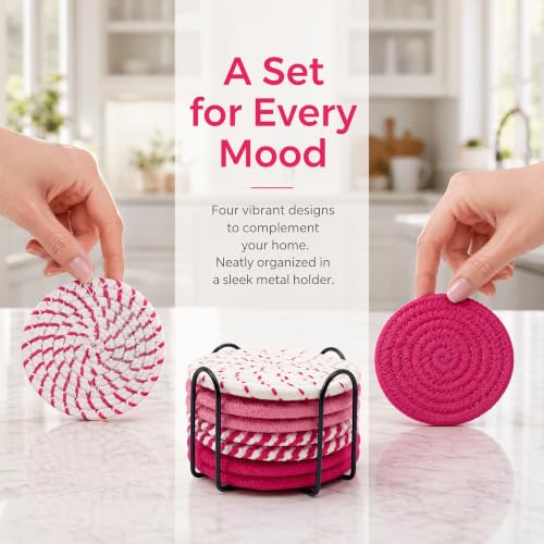8 Pack Handmade Pink Coasters - Absorbent Cotton Drink Coasters for Desk & Coffee Table