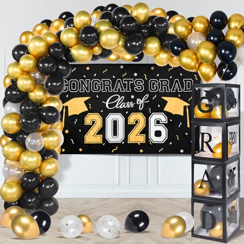 Class of 2026 Black and Gold Graduation Party Decoration Set with Arch Kit