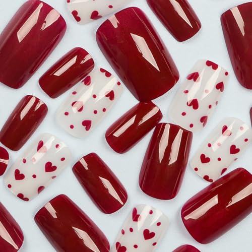 Valentine Press on Nails Red Square False Nails Heart Design