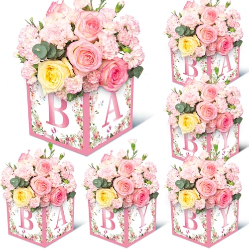 6 Pack Pink Floral 'BABY' Centerpiece Boxes, 7-Inch Baby Shower Decor