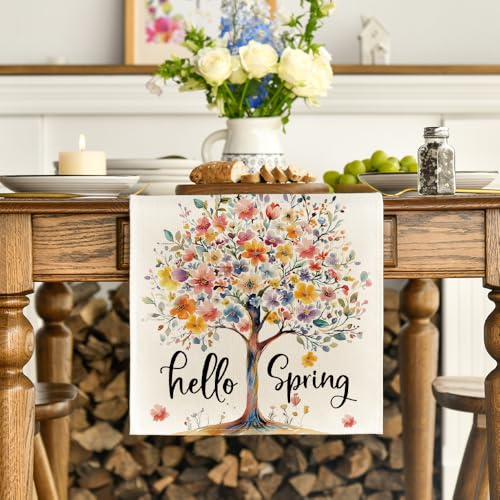 Artoid Mode Bloom Flower Tree Spring Table Runner 13x60 Inch Beige Home Decor