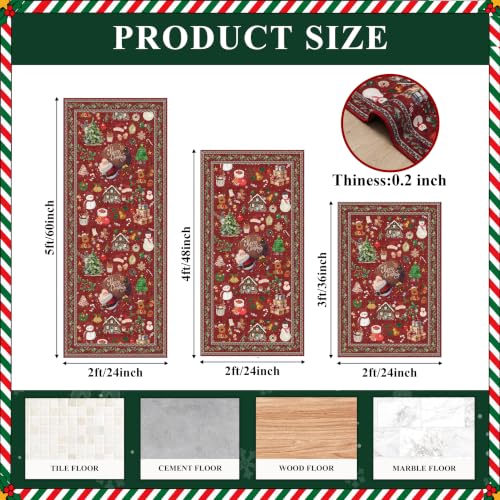Christmas Kitchen Rugs Set of 3 Non-Slip Washable Holiday Runners - Red