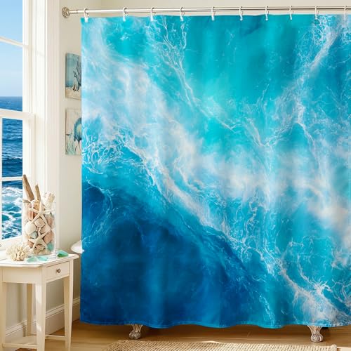 Mocsicka Blue Marble Ocean Shower Curtain, 71x71 Inch Coastal Beach Decor