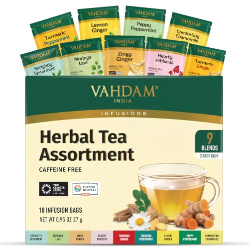 VAHDAM Assorted Herbal Tea Sampler - 18 Tea Bags, 9 Flavors, Caffeine-Free, Individually Wrapped, Pack of 1