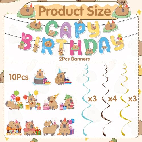 Capybara Birthday Party Decorations - 12PCS Hanging Banners & Swirls
