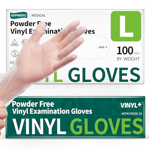 Supmedic Vinyl Disposable Exam Gloves, Large, 4Mil Powder-Free, 100 Count