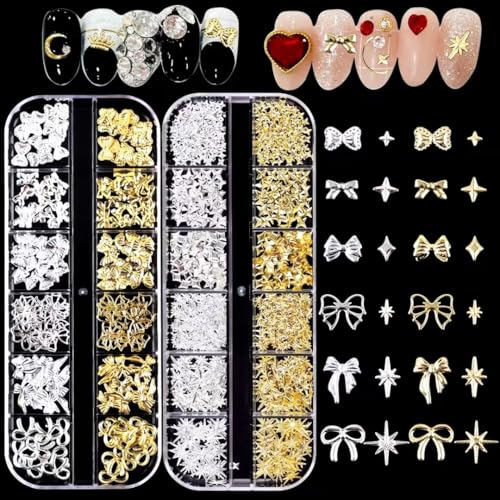 COOSLIM 150PCS Gold & Silver 3D Bow Nail Charms - 12 Styles Mini Alloy Bowknot Gems for Acrylic Nails & DIY Crafts