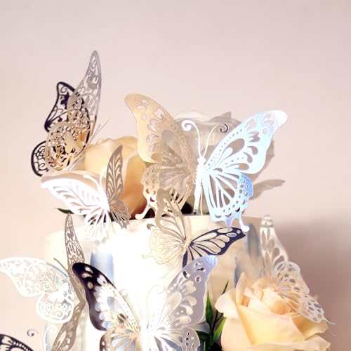 Silver Butterfly Cupcake Toppers 42 Pack 3D Metallic Cake Decorations