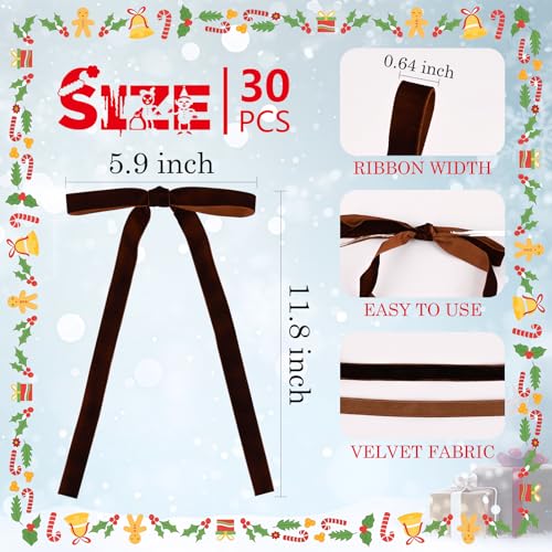 Brown Velvet Christmas Bow Set - 30 Pcs 6x12 Inch Holiday Decor