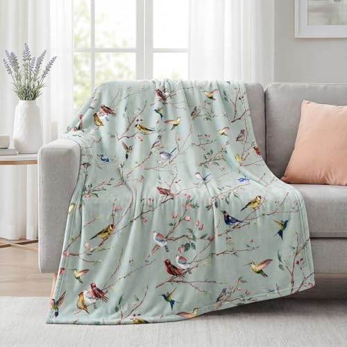 Horaldaily Green Bird Branch Flannel Throw Blanket, 40x50 Baby Size