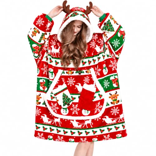 Adult Christmas Wearable Blanket Hoodie with Pockets - New Holiday Cozy Wrap