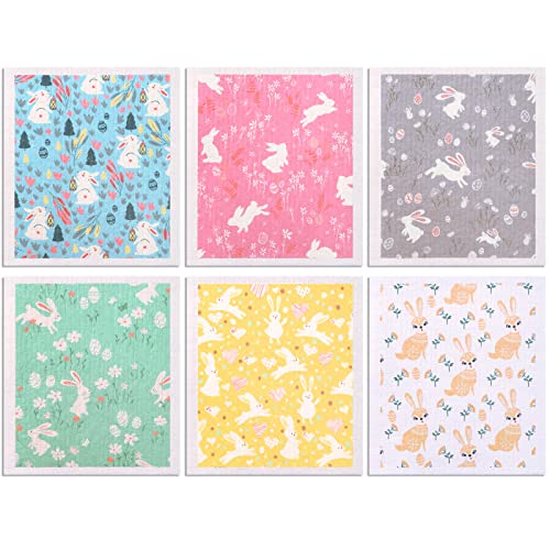 Easter Dish Cloths Set - 6 Reusable Kitchen Towels with Bunny & Egg Designs