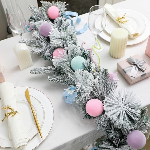 Pastel Christmas Garland Decoration 6.5ft Flocked Pine with Pink Blue Balls - Pastel Ball Variation