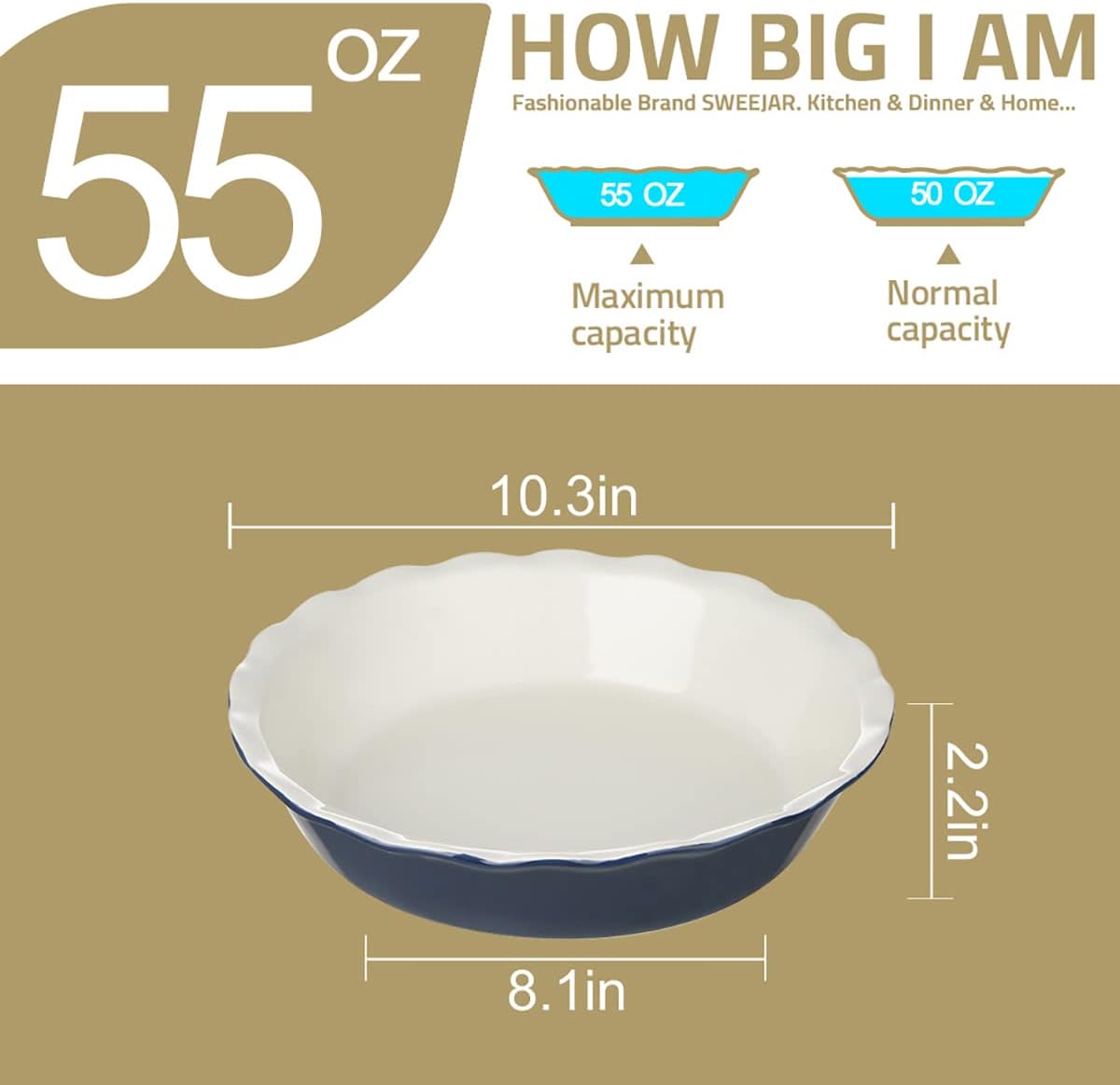 Sweejar Ceramic Pie Pan - 10 Inch Non-Stick Baking Dish with Soft Wave Edge | Green Color