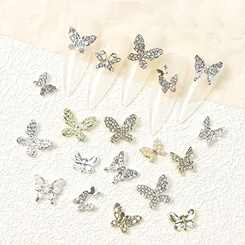 WOKOTO 36 Pcs 3D Butterfly Nail Charms Gold and Silver Rhinestones