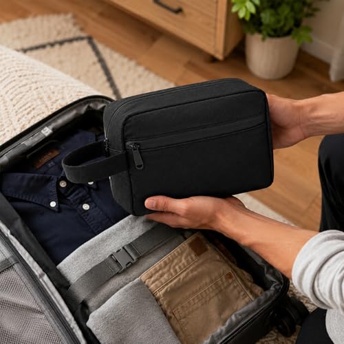 INTARN Waterproof Travel Toiletry Bag for Men and Women, Black Cosmetic and Shaving Kit Organizer
