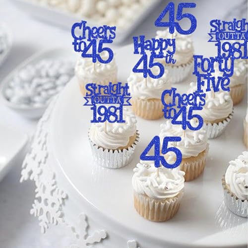 30PCS Glitter 45th Birthday Cupcake Toppers - Cheers to 45 Years