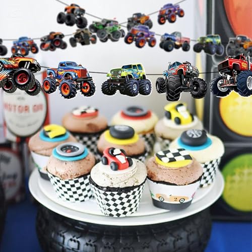 Monster Truck Happy Birthday Banner Set - Blue Racing Party Decorations