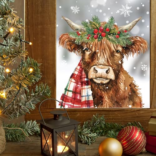 Christmas Window Clings Highland Cow Watercolor Holiday Decor Set - Reusable