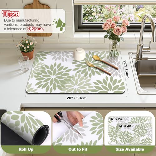 Findosom Floral Dish Drying Mat - 12" x 20" Ultra Absorbent Coffee Mat