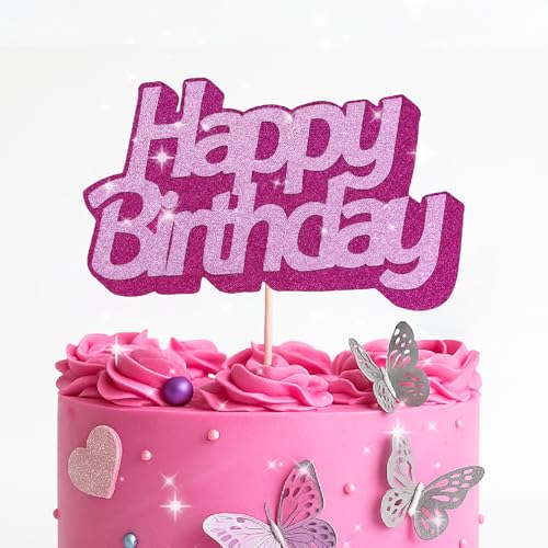 Hot Pink Glitter Happy Birthday Cake Topper - Sparkly Party Decor