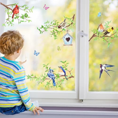 Spring Birds Window Clings - 4 Sheets with Cardinal & Blue Jay, Spring & Summer Decor