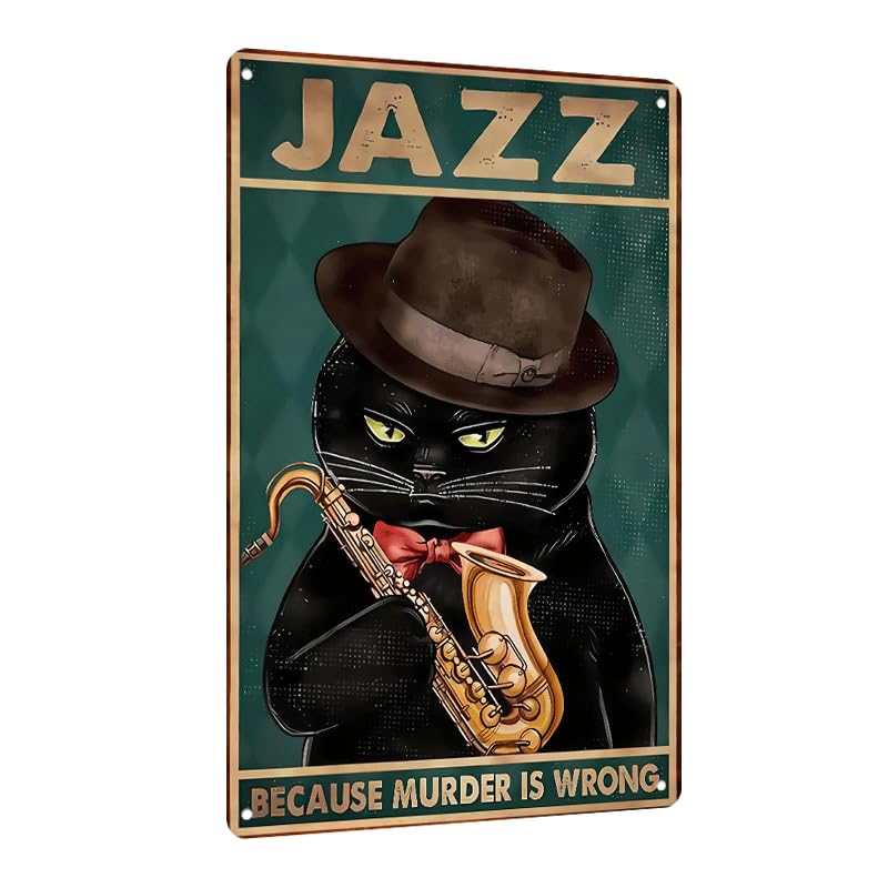 Cat Playing Clarinet Retro Metal Tin Sign Vintage Wall Art 8x12 Inch