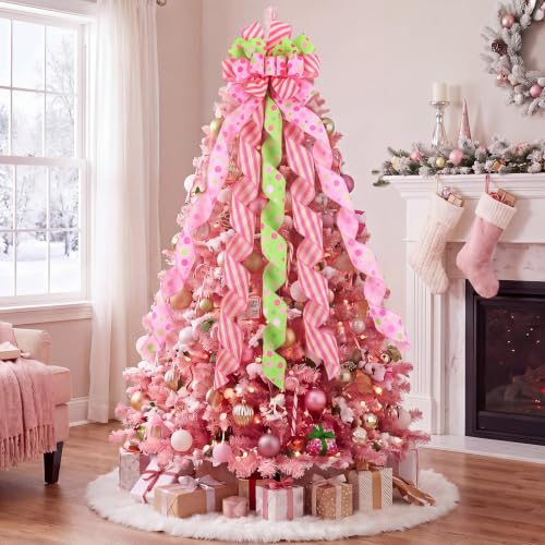 Large Christmas Tree Topper Bow - Pink, Yellow Green Polka Dot Ribbons, 45x13 Inch
