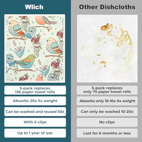 wlich 5 Pack Swedish Dishcloths - Reusable Kitchen Towels