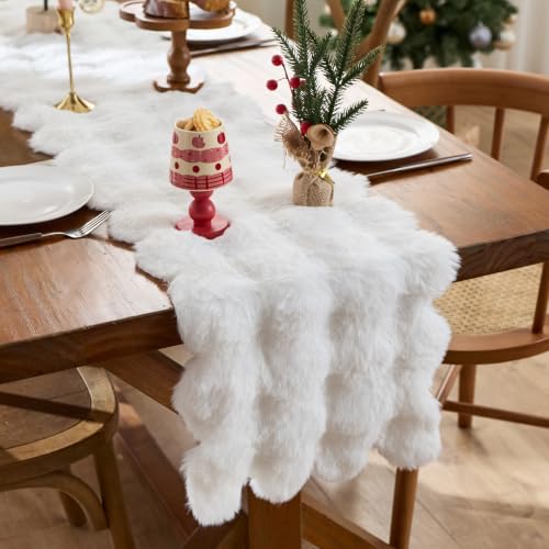 White Bubble Faux Fur Table Runner 13x36 Inch Scalloped Holiday Decor
