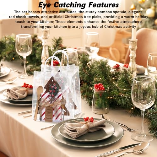 Potchen Christmas Wooden Cheese Board Set with Utensils and Towels - Tree A, 6 Pieces