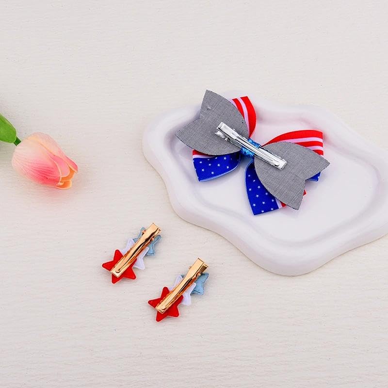 Patriotic 4th of July Bow Hair Clips Set - Red White and Blue American Flag Hairpins (3 Pcs)