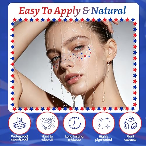 LuLuTone 9 Pcs 4th of July Face Gems and Star Glitter Freckles Tattoos