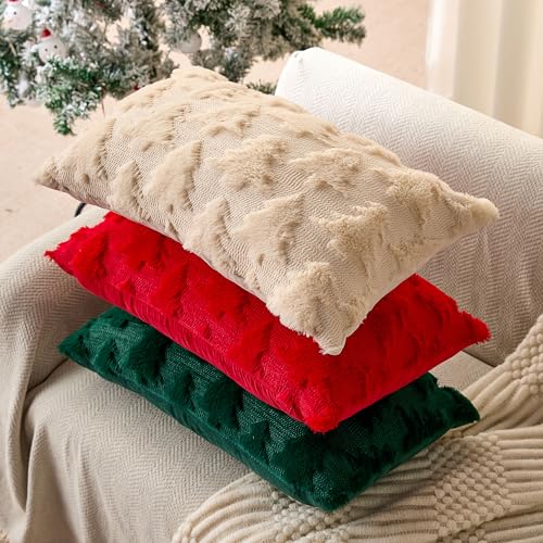 Christmas Tree Pillow Cover 12x20 Inch Beige Plush Faux Fur
