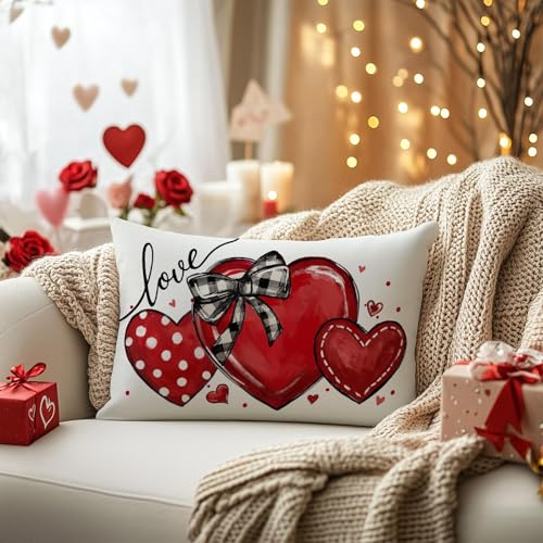 Valentine's Day Red Heart Pillow Cover 12x20 Inch Farmhouse Decor