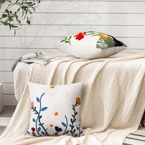 Merrycolor Floral Embroidered Pillow Cover 18x18 Cotton Canvas
