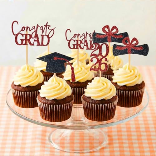 36 Pcs 2026 Graduation Cupcake Toppers Glitter Red And Black Party Picks