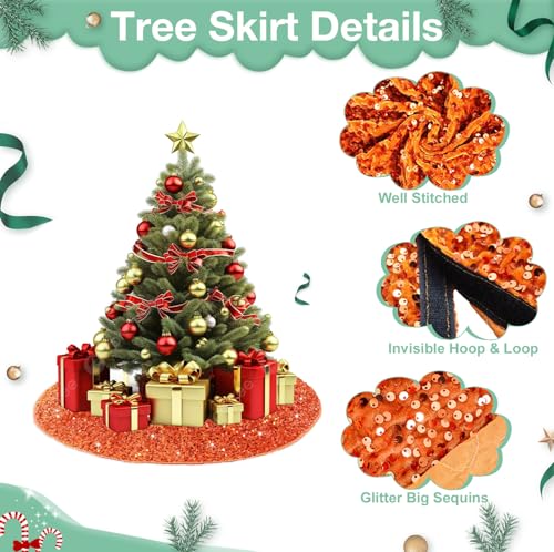 21 Inches Mini Christmas Tree Skirt - Orange Sequin Velvet for 4ft Xmas Tree