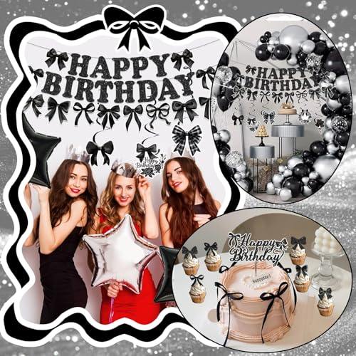 Black Bow Birthday Party Decorations Set - Banner, Balloons & Cake Toppers