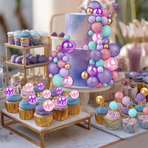 50PCS Pink Blue Purple Macaron Ball Cake Toppers for DIY Baking & Wedding Decor