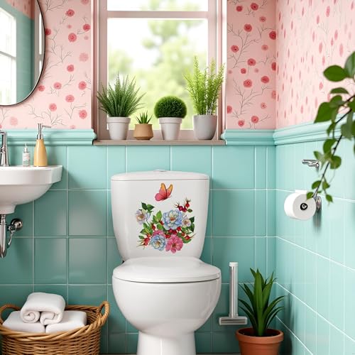 Botanical Flower & Butterfly Toilet Lid Stickers - Removable Vinyl Decor